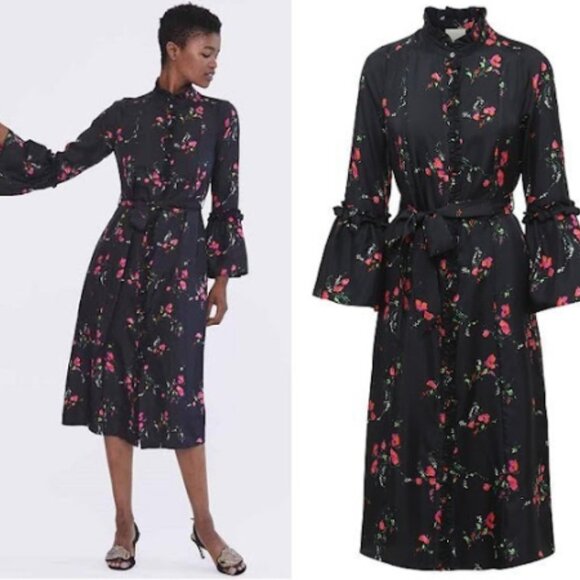 NWOT Julie Fagerholt Heartmade Harin Floral Silk Midi Dress in Black XS $745 - Picture 2 of 11